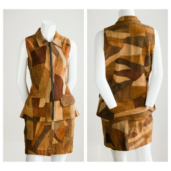 Vintage 90s Buttery Soft Brown Suede Patchwork 2  piece skirt and vest S… - Picture 1 of 12